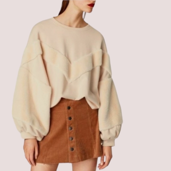 Zara Tops - Zara Plush Faux Fur Pullover Sweatshirt Pink Cream Oversized Size S